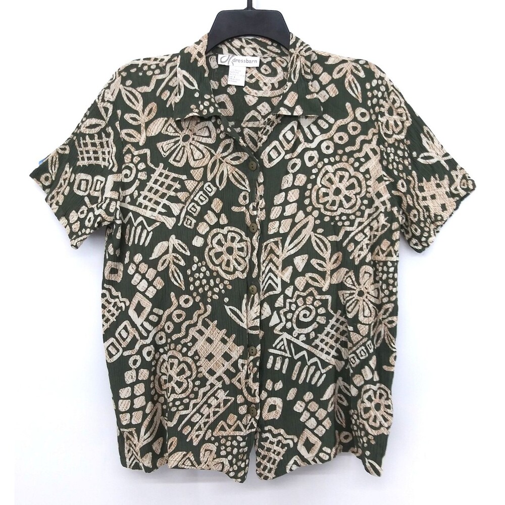 Dressbarn Shirt Women Size L Green Tropical Short Sleeve Textured Button Up Top